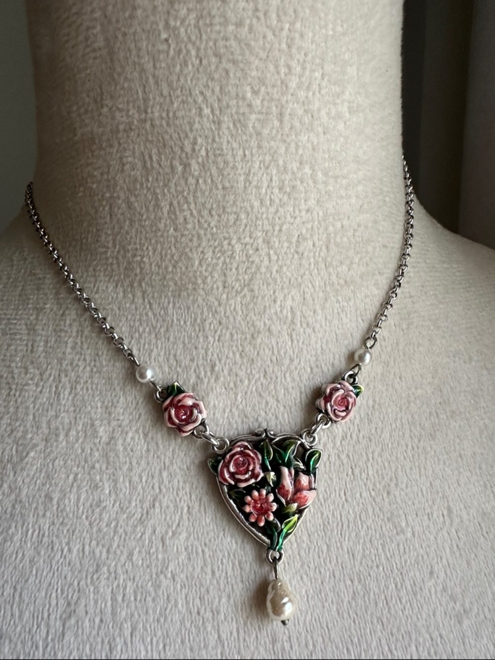 Brighton Silver-Tone Pink Enamel Rose Necklace with Pearl Drop - Picture 12 of 14